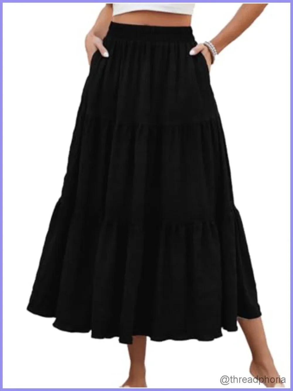 Women's Maxi Skirt High Waisted A-Line Flowy Tiered with Pockets